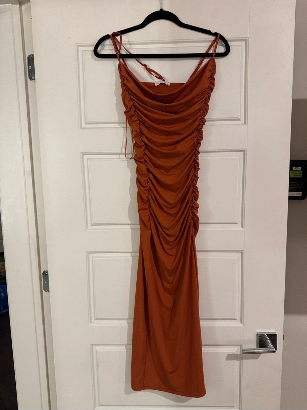 Ruched Spaghetti Strap Dress in Burnt Orange
